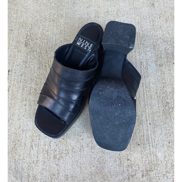 size 6.5 vintage y2k BLACK STITCHED Peep Toe PLATFORMS chunky leather square toe - Picture 9 of 10